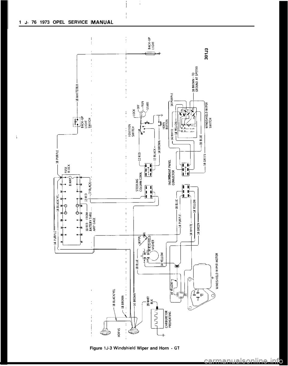 OPEL MANTA 1973  Service Manual 1 J. 76 1973 OPEL SERVICE IMANUAL
:LJFigure lJ-3 
Wind$hield Wiper and Horn - Gl 