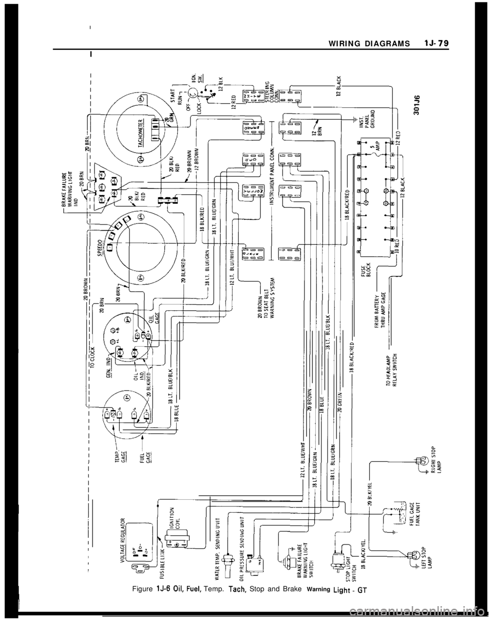 OPEL MANTA 1973 Owners Manual I
WIRING DIAGRAMS15.79
IIFigure lJ-6 
Oil. Fuel. Temp. Tach, Stop and Brake Warning Light. GT
I 