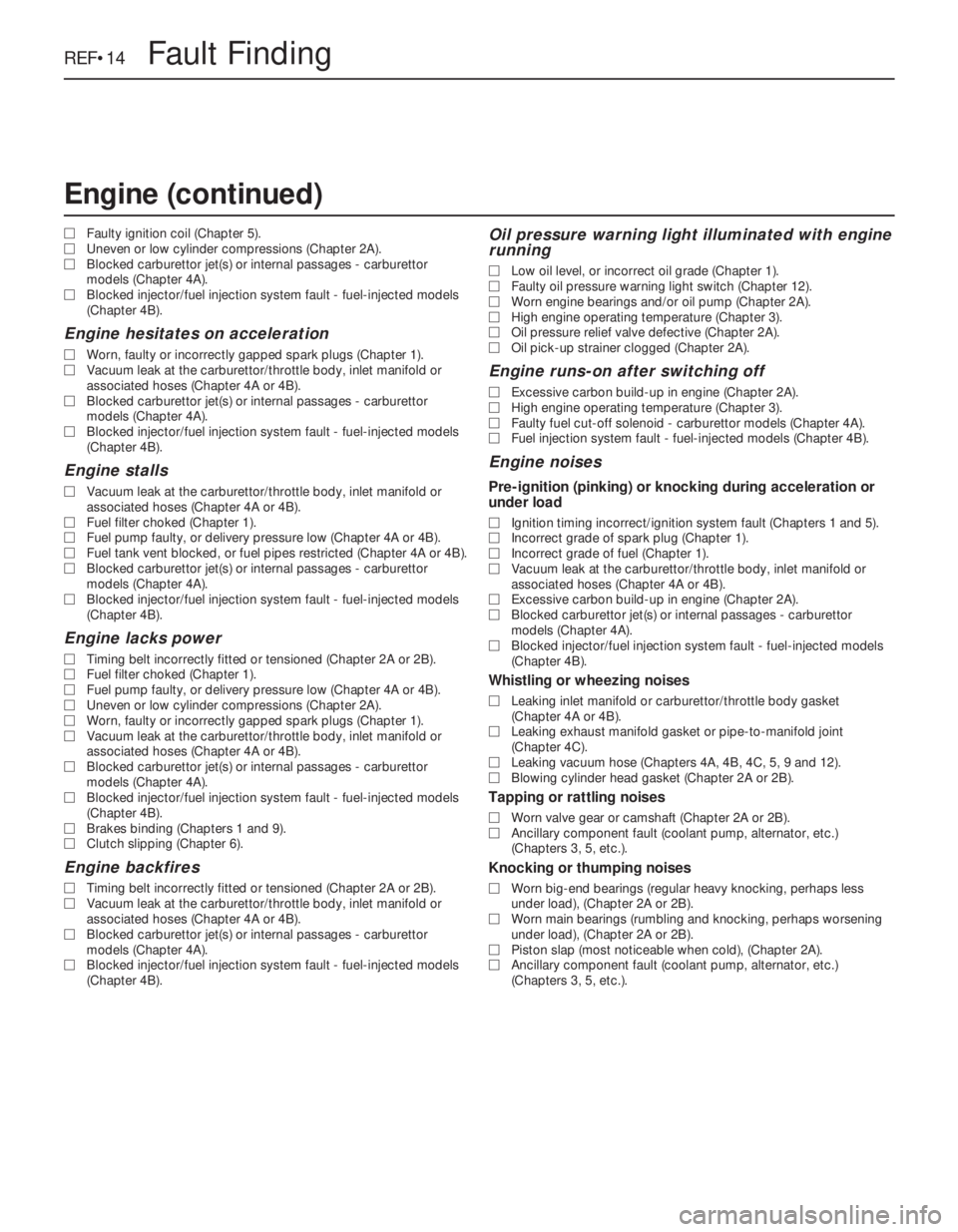 OPEL VECTRA 1988  Service Repair Manual MFaulty ignition coil (Chapter 5).
MUneven or low cylinder compressions (Chapter 2A).
MBlocked carburettor jet(s) or internal passages - carburettor
models (Chapter 4A).
MBlocked injector/fuel injecti