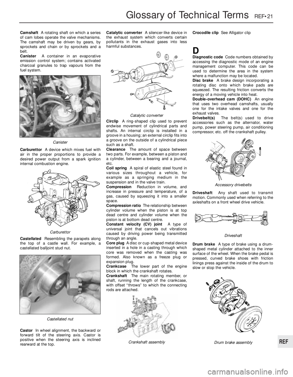 OPEL VECTRA 1988  Service Repair Manual Glossary of Technical Terms  REF•21
REF
CamshaftA rotating shaft on which a series
of cam lobes operate the valve mechanisms.
The camshaft may be driven by gears, by
sprockets and chain or by sprock