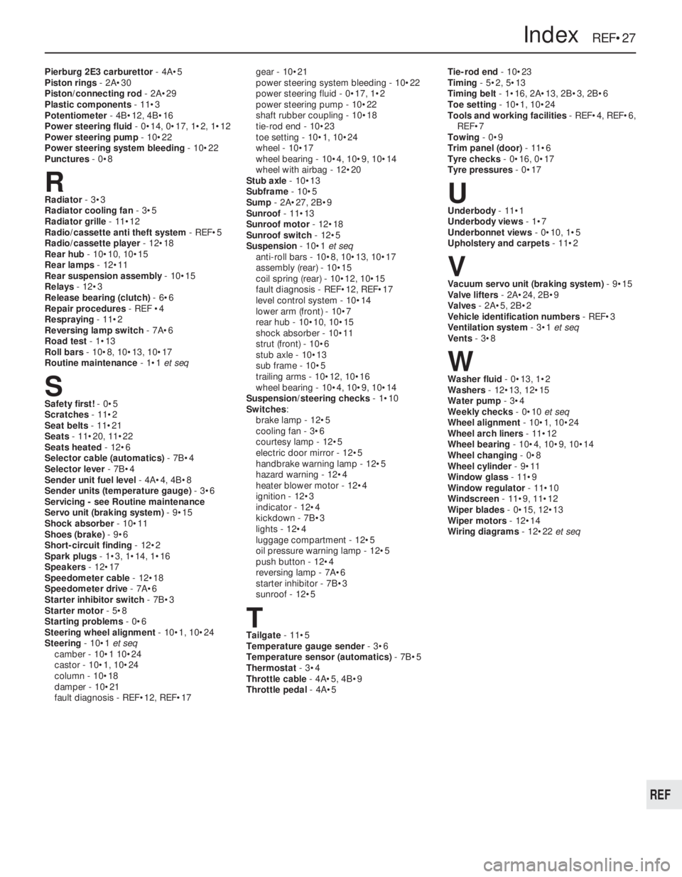 OPEL VECTRA 1988 Service Repair Manual Pierburg 2E3 carburettor- 4A•5
Piston rings- 2A•30
Piston/connecting rod- 2A•29
Plastic components- 11•3
Potentiometer- 4B•12, 4B•16
Power steering fluid - 0•14, 0•17, 1•2, 1•12
Po OPEL VECTRA 1988 Service Repair Manual Pierburg 2E3 carburettor- 4A•5
Piston rings- 2A•30
Piston/connecting rod- 2A•29
Plastic components- 11•3
Potentiometer- 4B•12, 4B•16
Power steering fluid - 0•14, 0•17, 1•2, 1•12
Po