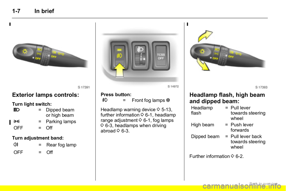 OPEL AGILA 2009  Owners Manual 1-7 In brief
Exterior lamps controls:
Turn light switch:
Turn adjustment band:Press button:
Headlamp warning device 35-13, 
further information 36-1, headlamp 
range adjustment 36-1, fog lamps 
36-3, 