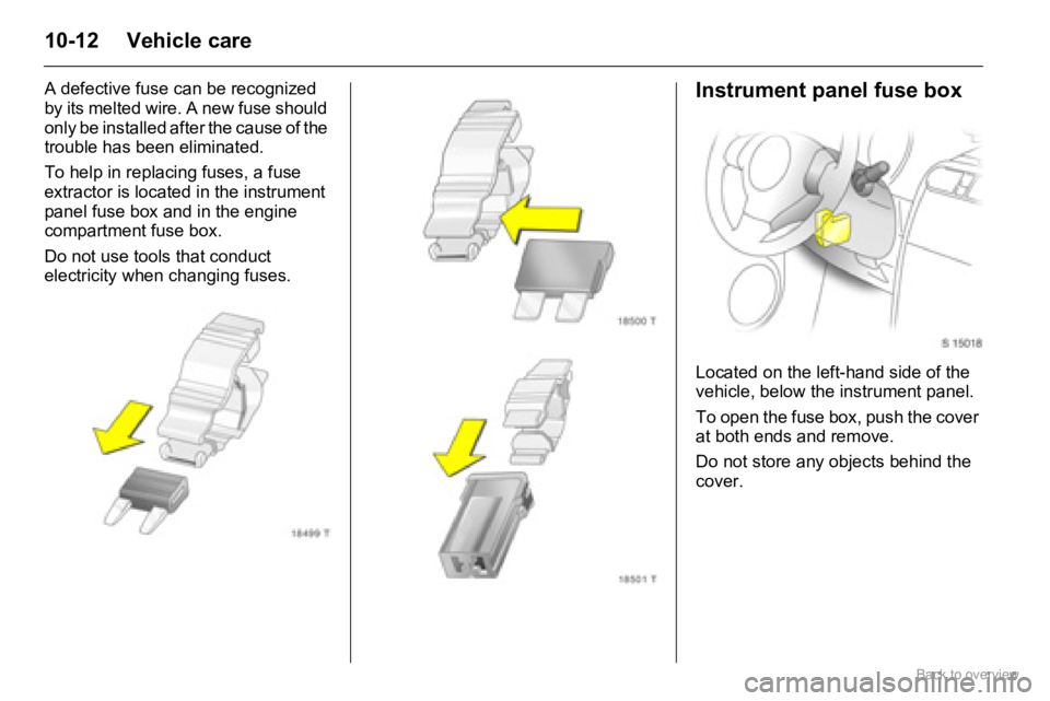 OPEL AGILA 2009  Owners Manual 10-12 Vehicle care
A defective fuse can be recognized 
by its melted wire. A new fuse should 
only be installed after the cause of the 
trouble has been eliminated.
To help in replacing fuses, a fuse 