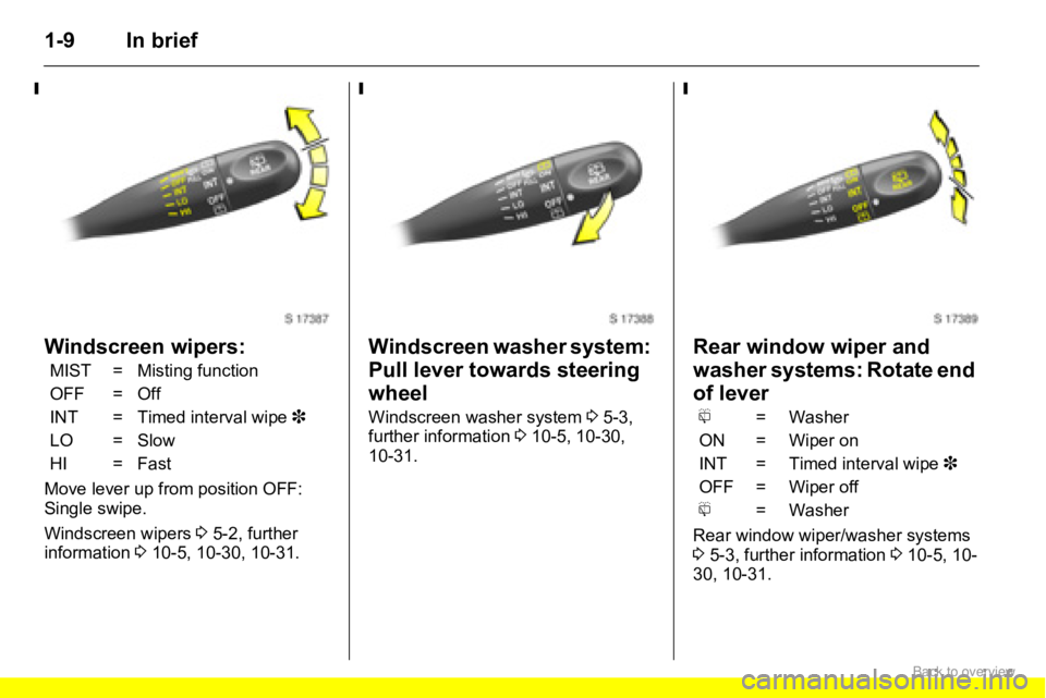 OPEL AGILA 2009 User Guide 1-9 In brief
Windscreen wipers:
Move lever up from position OFF:
Single swipe.
Windscreen wipers 3 5-2, further
information 3 10-5, 10-30, 10-31.
Windscreen washer system:
Pull lever towards steeri OPEL AGILA 2009 User Guide 1-9 In brief
Windscreen wipers:
Move lever up from position OFF:
Single swipe.
Windscreen wipers 3 5-2, further
information 3 10-5, 10-30, 10-31.
Windscreen washer system:
Pull lever towards steeri