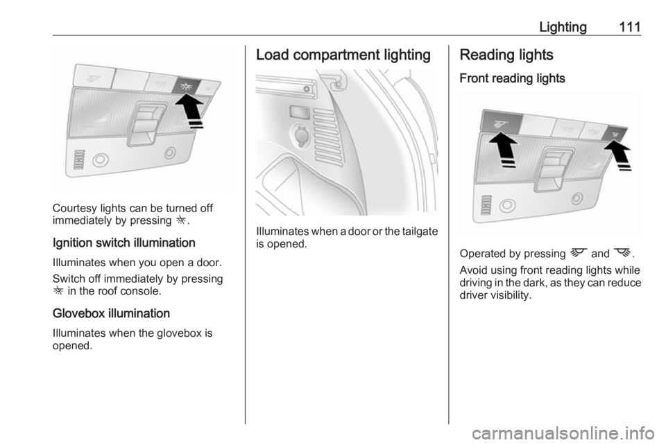 OPEL ANTARA 2017 Owners Manual Lighting111
Courtesy lights can be turned off
immediately by pressing K.
Ignition switch illumination Illuminates when you open a door.Switch off immediately by pressingK in the roof console.
Gloveb OPEL ANTARA 2017 Owners Manual Lighting111
Courtesy lights can be turned off
immediately by pressing K.
Ignition switch illumination Illuminates when you open a door.Switch off immediately by pressingK in the roof console.
Gloveb