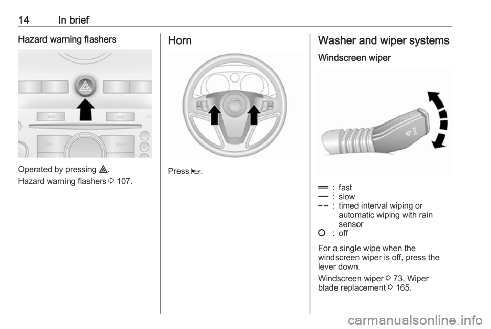 OPEL ANTARA 2017  Owners Manual 14In briefHazard warning flashers
Operated by pressing ¨.
Hazard warning flashers  3 107.
Horn
Press  j.
Washer and wiper systems
Windscreen wiper&:fast%:slow$:timed interval wiping or
automatic wipi