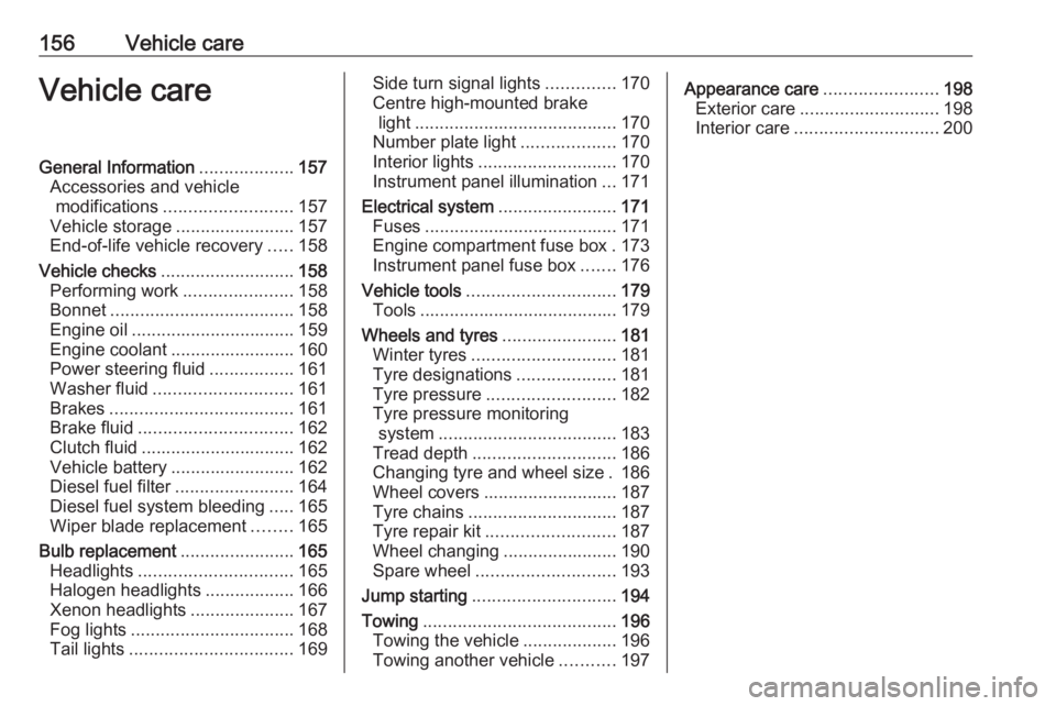 OPEL ANTARA 2017  Owners Manual 156Vehicle careVehicle careGeneral Information...................157
Accessories and vehicle modifications .......................... 157
Vehicle storage ........................157
End-of-life vehicl