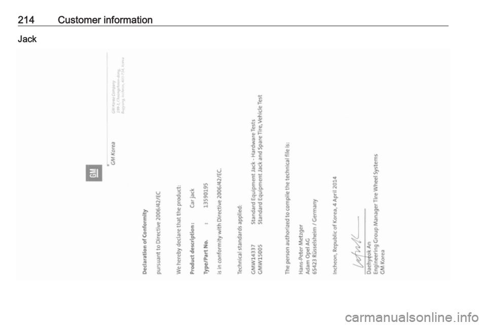 OPEL ANTARA 2017 Owners Manual 214Customer informationJack OPEL ANTARA 2017 Owners Manual 214Customer informationJack