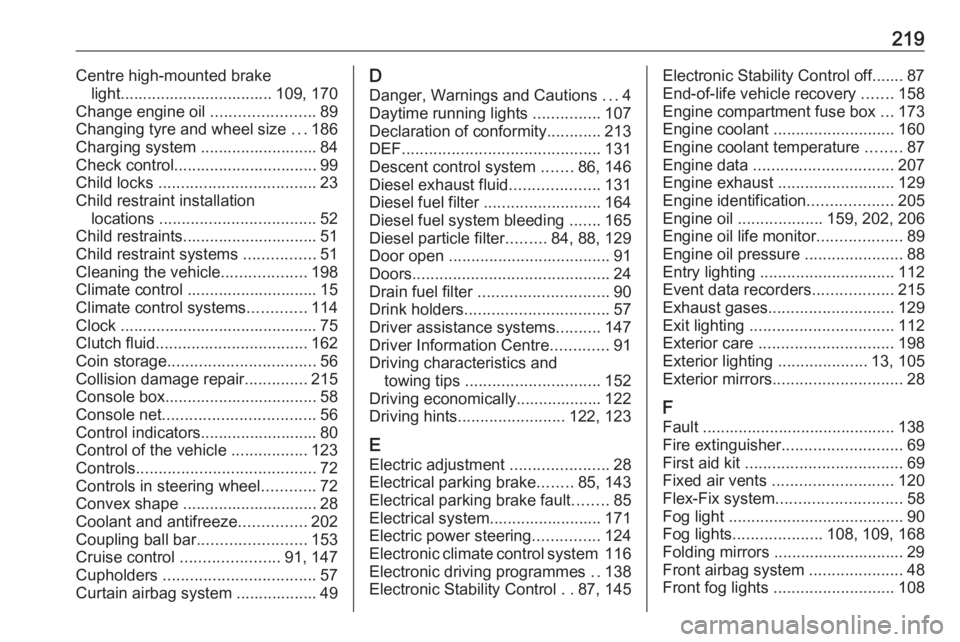 OPEL ANTARA 2017 Owners Manual 219Centre high-mounted brakelight.................................. 109, 170
Change engine oil .......................89
Changing tyre and wheel size ...186
Charging system ......................... OPEL ANTARA 2017 Owners Manual 219Centre high-mounted brakelight.................................. 109, 170
Change engine oil .......................89
Changing tyre and wheel size ...186
Charging system .........................