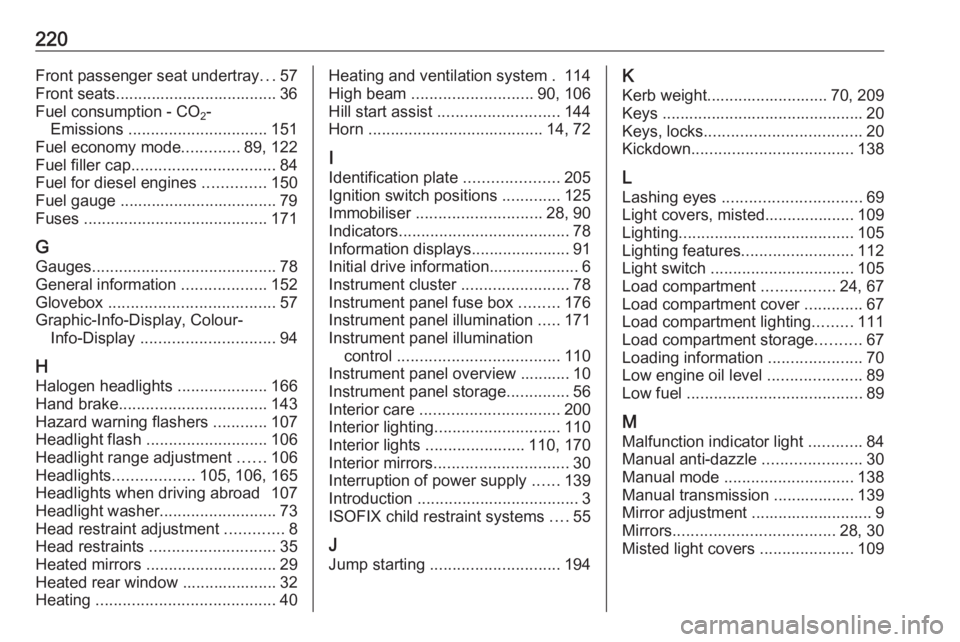 OPEL ANTARA 2017  Owners Manual 220Front passenger seat undertray...57
Front seats.................................... 36
Fuel consumption - CO 2-
Emissions  ............................... 151
Fuel economy mode .............89, 122