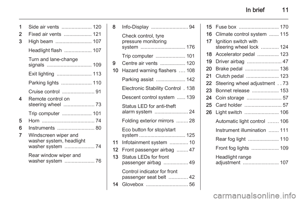 OPEL ANTARA 2014 Owners Manual In brief11
1Side air vents .....................120
2 Fixed air vents .................... 121
3 High beam .......................... 107
Headlight flash ...................107
Turn and lane-chang OPEL ANTARA 2014 Owners Manual In brief11
1Side air vents .....................120
2 Fixed air vents .................... 121
3 High beam .......................... 107
Headlight flash ...................107
Turn and lane-chang