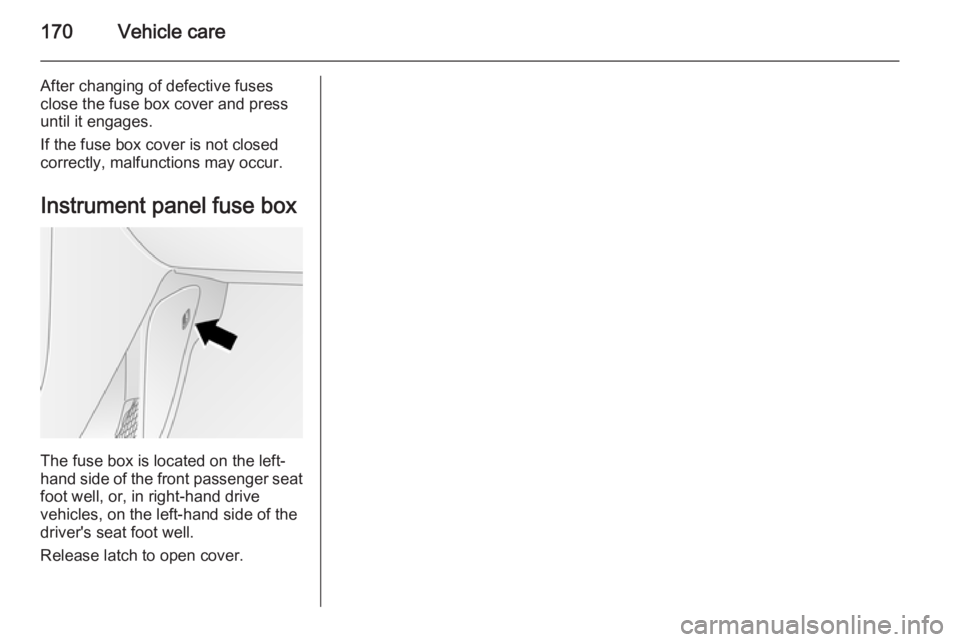OPEL ANTARA 2014  Owners Manual 170Vehicle care
After changing of defective fusesclose the fuse box cover and press
until it engages.
If the fuse box cover is not closed
correctly, malfunctions may occur.
Instrument panel fuse box
T