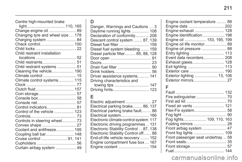 OPEL ANTARA 2014  Owners Manual 211
Centre high-mounted brakelight.................................. 110, 165
Change engine oil  .......................89
Changing tyre and wheel size  ...178
Charging system ........................