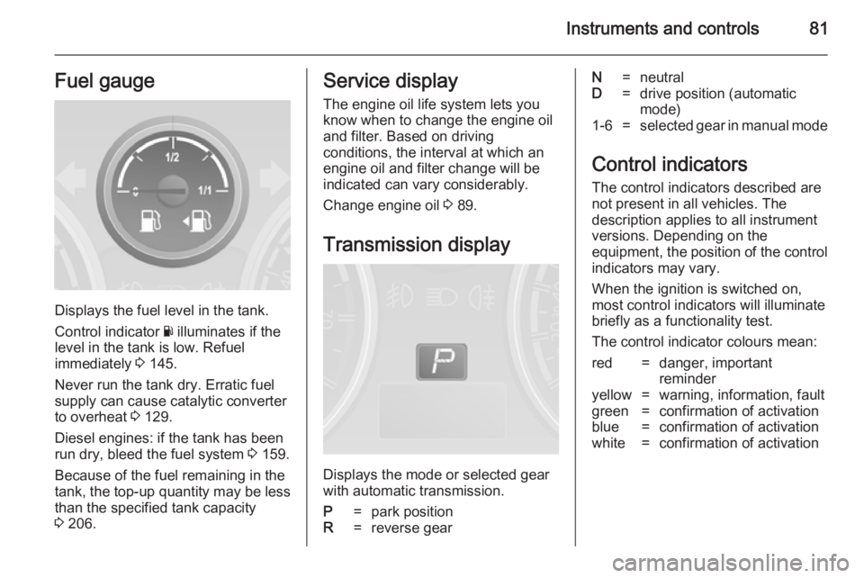 OPEL ANTARA 2014  Owners Manual Instruments and controls81Fuel gauge
Displays the fuel level in the tank.
Control indicator  Y illuminates if the
level in the tank is low. Refuel
immediately  3 145.
Never run the tank dry. Erratic f