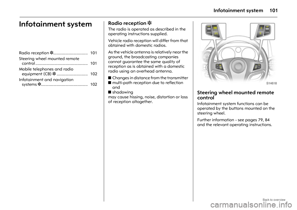 OPEL ANTARA 2009 Owners Manual Infotainment system101
Infotainment systemRadio reception 3
The radio is operated as described in the
operating instruct ions supplied.
Vehicle radio reception will differ from that
obtained with OPEL ANTARA 2009 Owners Manual Infotainment system101
Infotainment systemRadio reception 3
The radio is operated as described in the
operating instruct ions supplied.
Vehicle radio reception will differ from that
obtained with