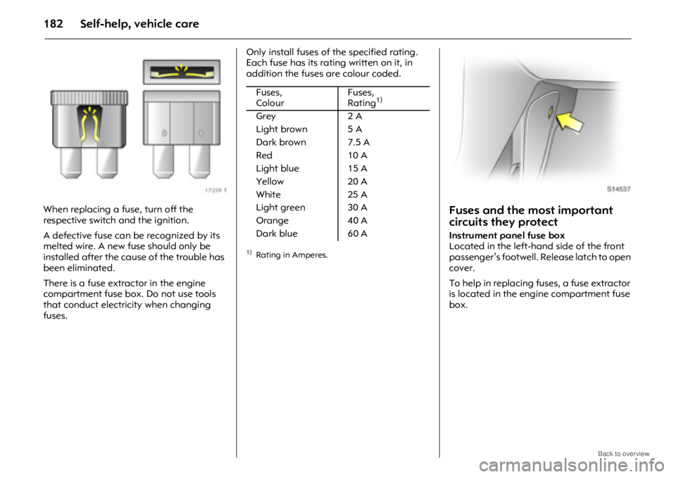 OPEL ANTARA 2009 Owners Manual Self-help, vehicle care182
When replacing a fuse, turn off the
respective switch and the ignition.
A defective fuse can be recognized by its
melted wire. A new fuse should only be
installed after t OPEL ANTARA 2009 Owners Manual Self-help, vehicle care182
When replacing a fuse, turn off the
respective switch and the ignition.
A defective fuse can be recognized by its
melted wire. A new fuse should only be
installed after t
