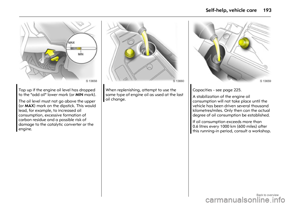 OPEL ANTARA 2009 Owners Manual Self-help, vehicle care193
Top up if the engine oil level has dropped
to the "add oil" lower mark (or MIN mark).
The oil level must not go above the upper
(or MAX ) mark on the dipstick. This would OPEL ANTARA 2009 Owners Manual Self-help, vehicle care193
Top up if the engine oil level has dropped
to the "add oil" lower mark (or MIN mark).
The oil level must not go above the upper
(or MAX ) mark on the dipstick. This would