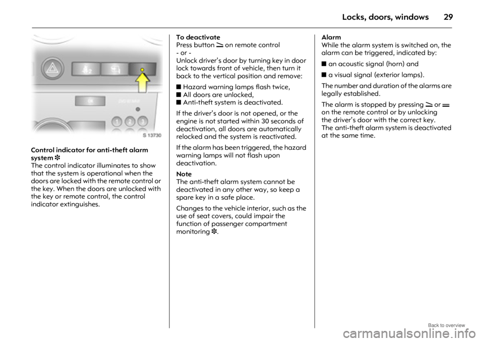 OPEL ANTARA 2009 Owners Manual Locks, doors, windows29
Control indicator for anti-theft alarm
system3
The control indicator illuminates to show
that the system is operational when the
doors are locked with the remote control or OPEL ANTARA 2009 Owners Manual Locks, doors, windows29
Control indicator for anti-theft alarm
system3
The control indicator illuminates to show
that the system is operational when the
doors are locked with the remote control or