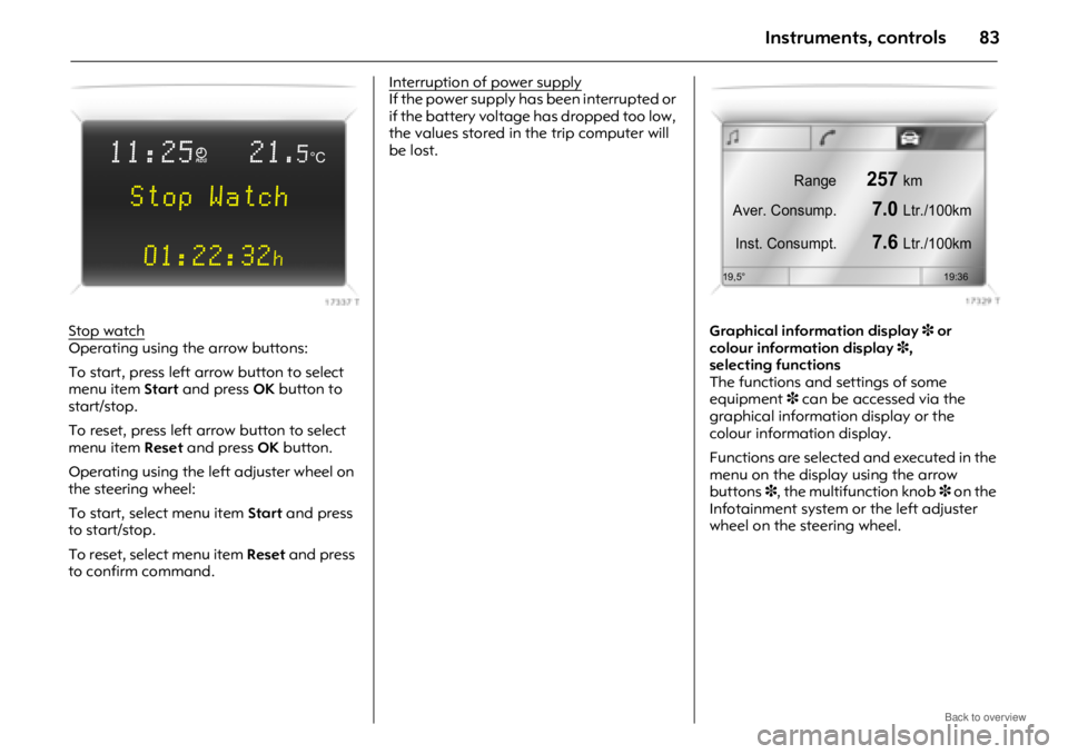 OPEL ANTARA 2009 Owners Manual Instruments, controls83
Stop watchOperating using the arrow buttons:
To start, press left arrow button to select
menu item Start and press OK button to
start/stop.
To reset, press left arrow button OPEL ANTARA 2009 Owners Manual Instruments, controls83
Stop watchOperating using the arrow buttons:
To start, press left arrow button to select
menu item Start and press OK button to
start/stop.
To reset, press left arrow button