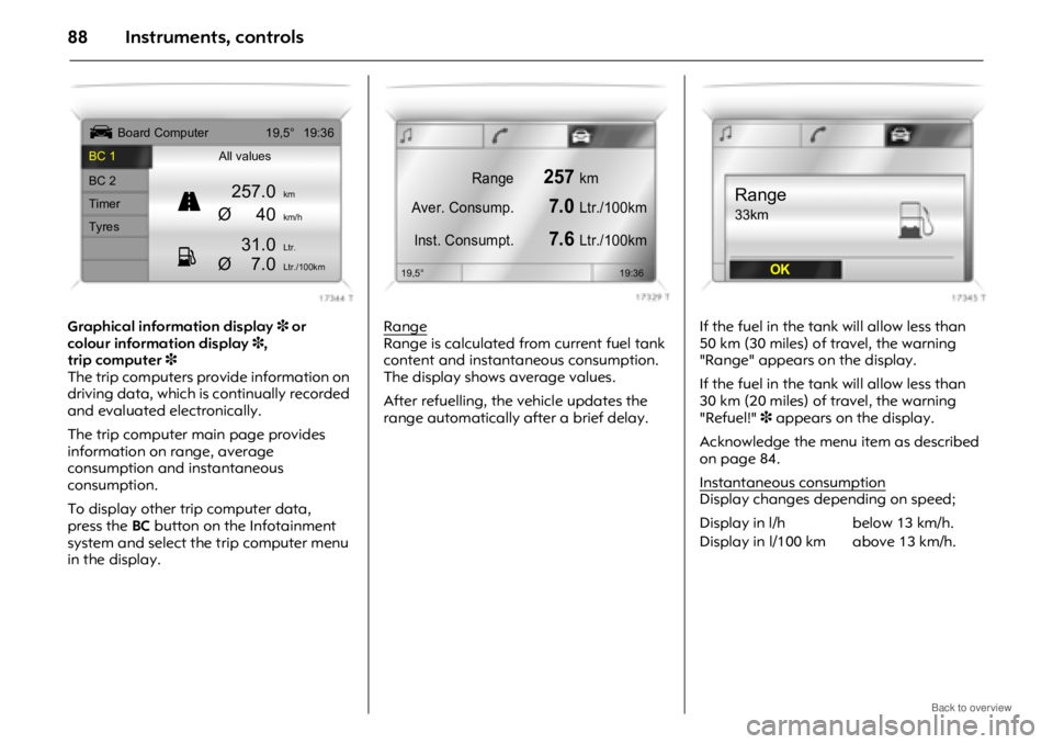 OPEL ANTARA 2009 Manual Online Instruments, controls88
Graphical information display3 or
colour information display 3,
trip computer 3
The trip computers provide information on
driving data, which is continually recorded
and e OPEL ANTARA 2009 Manual Online Instruments, controls88
Graphical information display3 or
colour information display 3,
trip computer 3
The trip computers provide information on
driving data, which is continually recorded
and e