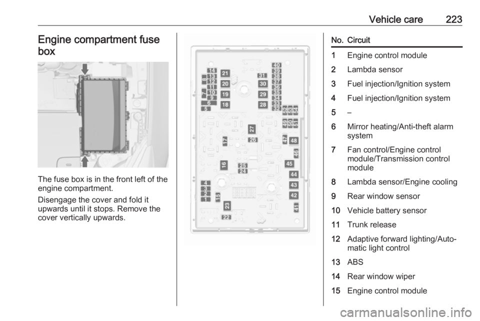 OPEL ASTRA GTC 2018 Owners Manual Vehicle care223Engine compartment fusebox
The fuse box is in the front left of the
engine compartment.
Disengage the cover and fold it
upwards until it stops. Remove the
cover vertically upwards.
No.C OPEL ASTRA GTC 2018 Owners Manual Vehicle care223Engine compartment fusebox
The fuse box is in the front left of the
engine compartment.
Disengage the cover and fold it
upwards until it stops. Remove the
cover vertically upwards.
No.C