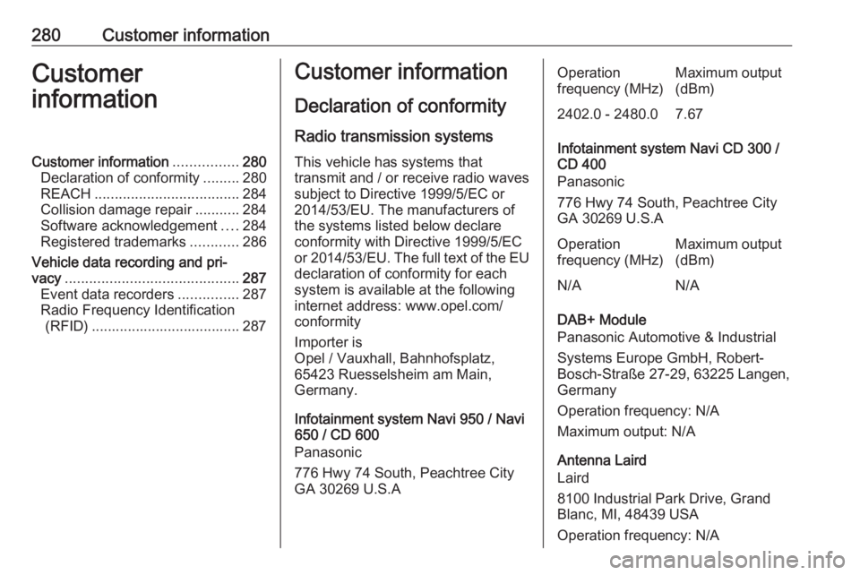OPEL ASTRA GTC 2018  Owners Manual 280Customer informationCustomer
informationCustomer information ................280
Declaration of conformity .........280
REACH .................................... 284
Collision damage repair ......