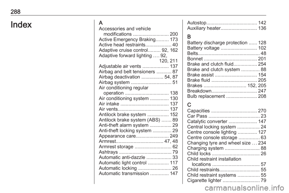 OPEL ASTRA GTC 2018  Owners Manual 288IndexAAccessories and vehicle modifications  .......................... 200
Active Emergency Braking .........173
Active head restraints ...................40
Adaptive cruise control .........92, 1