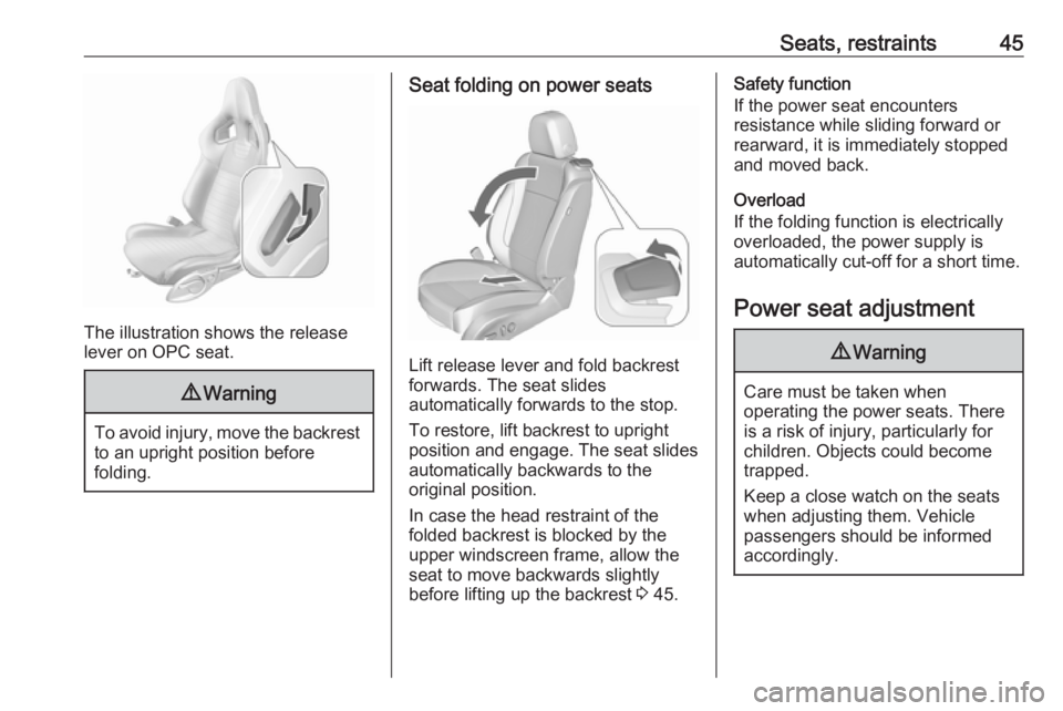 OPEL ASTRA GTC 2018 Service Manual Seats, restraints45
The illustration shows the release
lever on OPC seat.
9 Warning
To avoid injury, move the backrest
to an upright position before
folding.
Seat folding on power seats
Lift release l OPEL ASTRA GTC 2018 Service Manual Seats, restraints45
The illustration shows the release
lever on OPC seat.
9 Warning
To avoid injury, move the backrest
to an upright position before
folding.
Seat folding on power seats
Lift release l
