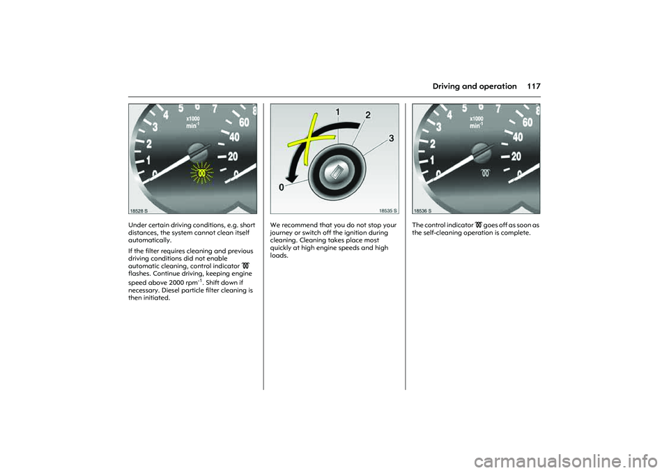 OPEL COMBO 2010  Owners Manual 117
Driving and operation
Picture no: 18528s.tif
Under certain driving conditions, e.g. short 
distances, the system cannot clean itself 
automatically. 
If the filter requires cleaning and previous 
