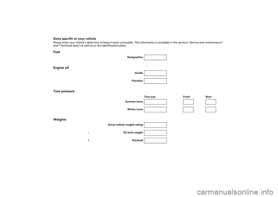 OPEL COMBO 2010  Owners Manual Data specific to your vehiclePlease enter your vehicle’s data here to keep it easily accessible. This information is available in the sections "Service and maintenance" 
and "Technical data" as well