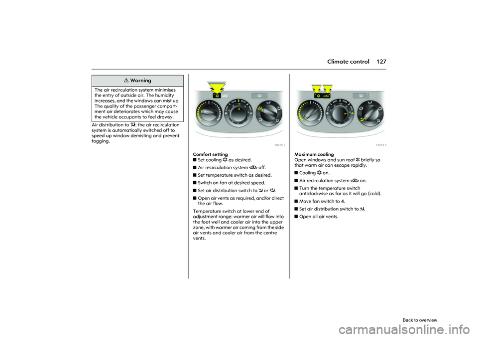 OPEL CORSA 2009  Owners Manual 127
Climate control
Air distribution to l: the air recirculation 
system is automatically switched off to 
speed up window demisting and prevent 
fogging. 
Picture no: 18215s.tif
Comfort setting 
z Se