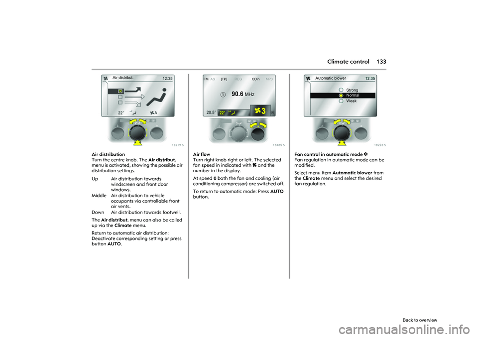 OPEL CORSA 2009  Owners Manual 133
Climate control
Picture no: 18219s.tif
Air distribution 
Turn the centre knob. The Air distribut. 
menu is activated, showing the possible air 
distribution settings. 
The  Air distribut.  menu ca