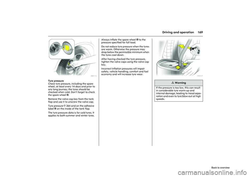 OPEL CORSA 2009  Owners Manual 169
Driving and operation
Picture no: 18311s.tif
Tyre pressure 
Check tyre pressure, including the spare 
wheel, at least every 14 days and prior to 
any long journey; the tyres should be 
checked whe