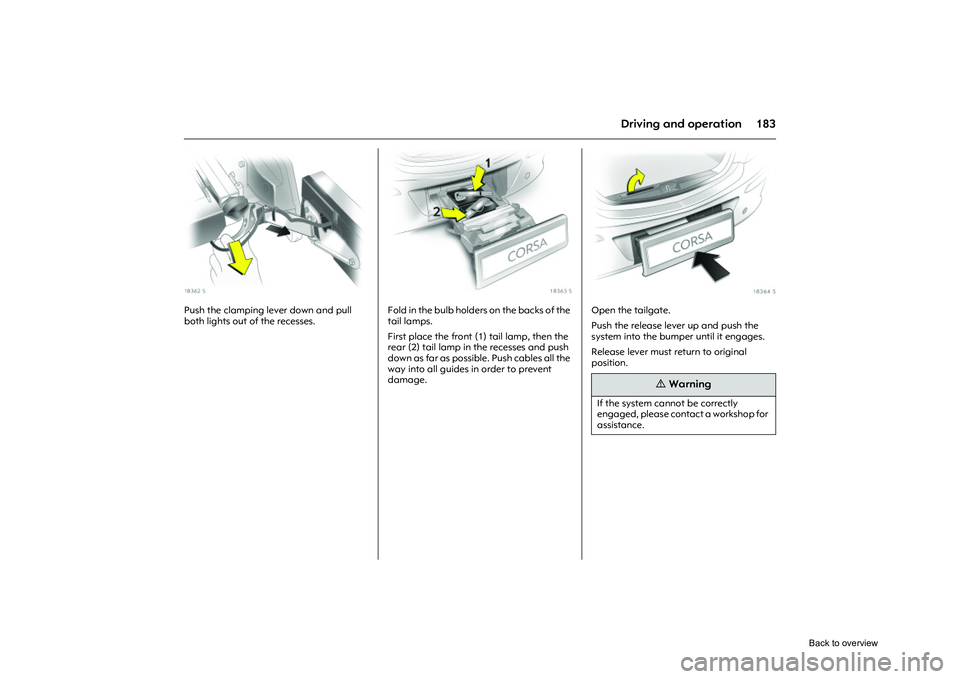 OPEL CORSA 2009  Owners Manual 183
Driving and operation
Picture no: 18362s.tif
Push the clamping lever down and pull 
both lights out of the recesses. 
Picture no: 18363s.tif
Fold in the bulb holders on the backs of the 
tail lamp