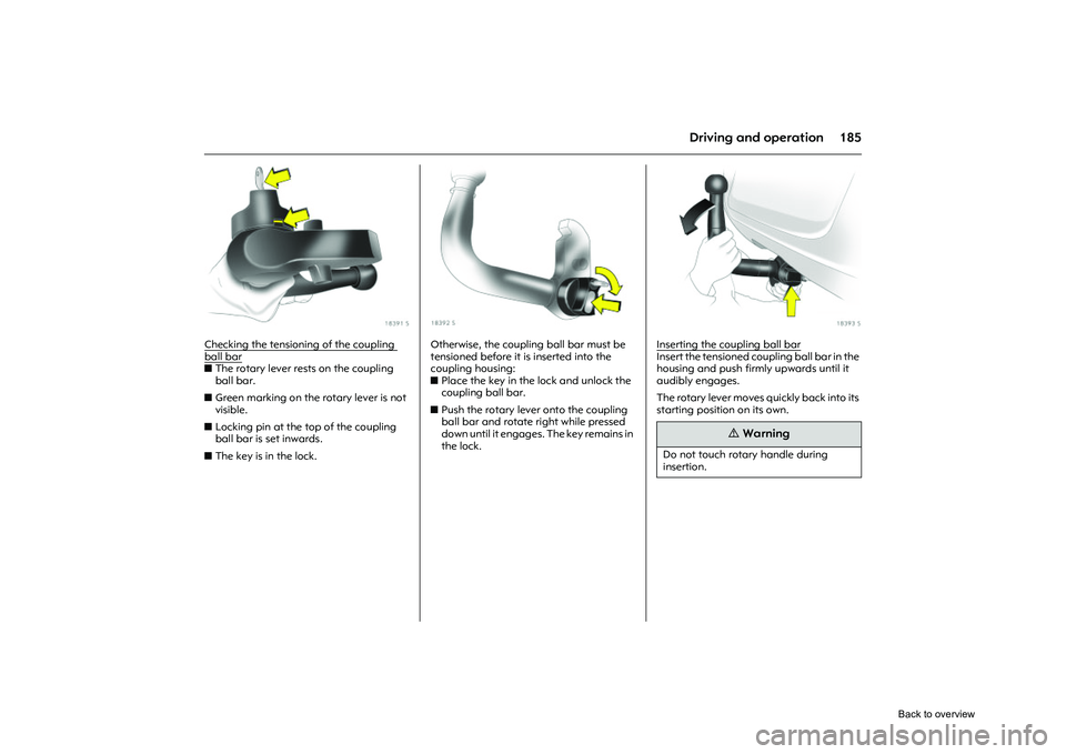 OPEL CORSA 2009  Owners Manual 185
Driving and operation
Picture no: 18391s.tif
Checking the tensioning of the coupling ball barzThe rotary lever rests on the coupling 
ball bar. 
z Green marking on the rotary lever is not 
visible