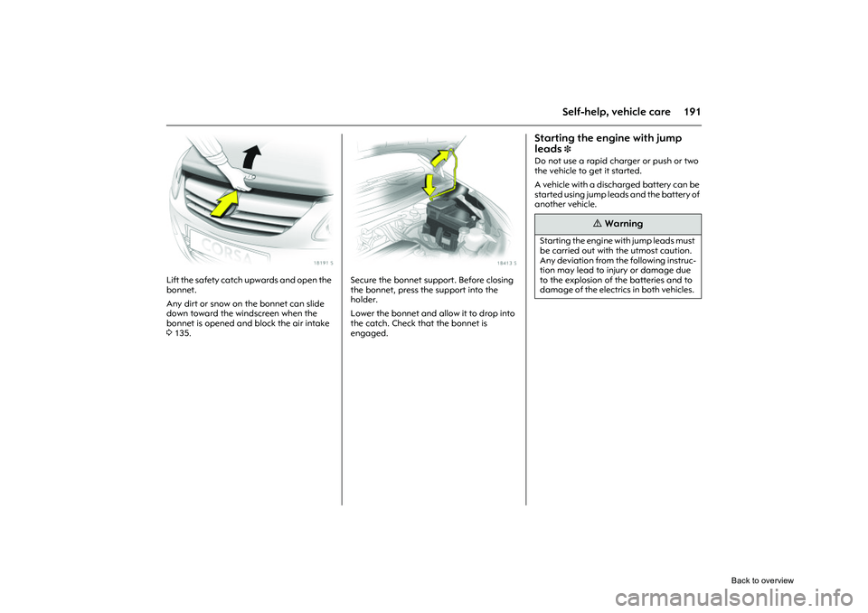 OPEL CORSA 2009  Owners Manual 191
Self-help, vehicle care
Picture no: 18191s.tif
Lift the safety catch upwards and open the 
bonnet. 
Any dirt or snow on the bonnet can slide 
down toward the windscreen when the 
bonnet is opened 