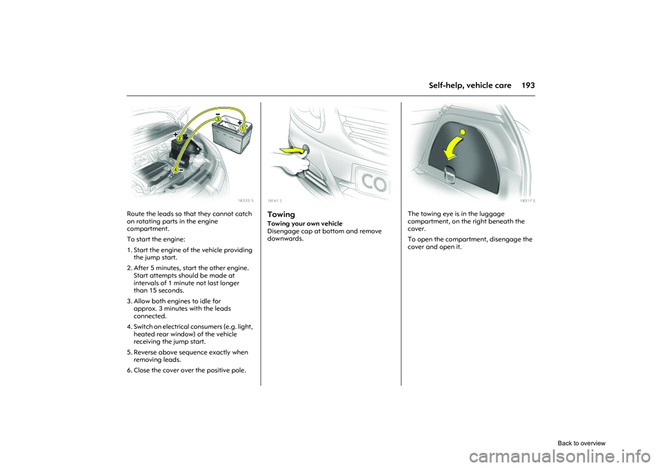 OPEL CORSA 2009  Owners Manual 193
Self-help, vehicle care
Picture no: 18333s.tif
Route the leads so that they cannot catch 
on rotating parts in the engine 
compartment. 
To start the engine: 
1. Start the engine of the vehicle pr
