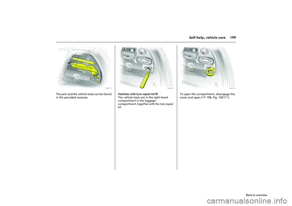 OPEL CORSA 2009 Owners Manual 199
Self-help, vehicle care
Picture no: 18587s.tif
The jack and the vehicle tools can be found
in the provided recesses.
Picture no: 18426s.tif
Vehicles with tyre repair kit 3
The vehicle tools are OPEL CORSA 2009 Owners Manual 199
Self-help, vehicle care
Picture no: 18587s.tif
The jack and the vehicle tools can be found
in the provided recesses.
Picture no: 18426s.tif
Vehicles with tyre repair kit 3
The vehicle tools are