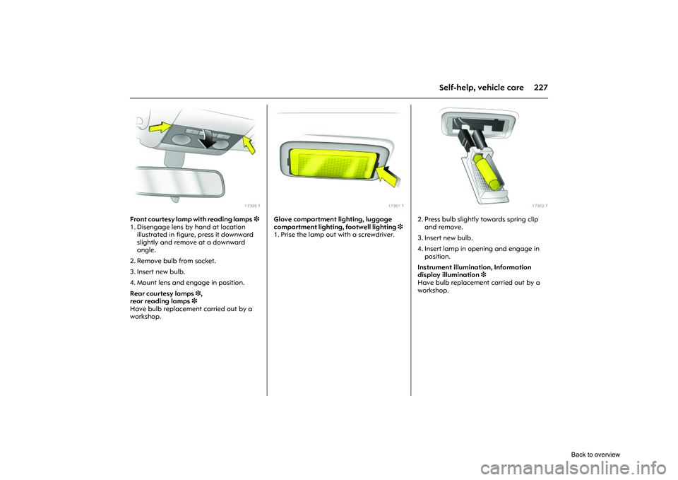 OPEL CORSA 2009 Owners Manual 227
Self-help, vehicle care
Picture no: 17300t.tif
Front courtesy lamp with reading lamps3
1. Disengage lens by hand at location illustrated in figure, press it downward
slightly and remove at a do OPEL CORSA 2009 Owners Manual 227
Self-help, vehicle care
Picture no: 17300t.tif
Front courtesy lamp with reading lamps3
1. Disengage lens by hand at location illustrated in figure, press it downward
slightly and remove at a do