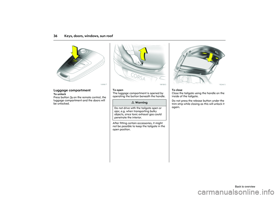 OPEL CORSA 2009 Service Manual 36 Keys, doors, windows, sun roof
Picture no: 16968t.tif
Luggage compartment To unlock 
Press button q on the remote control, the 
luggage compartment and the doors will 
be unlocked. 
Picture no: 181