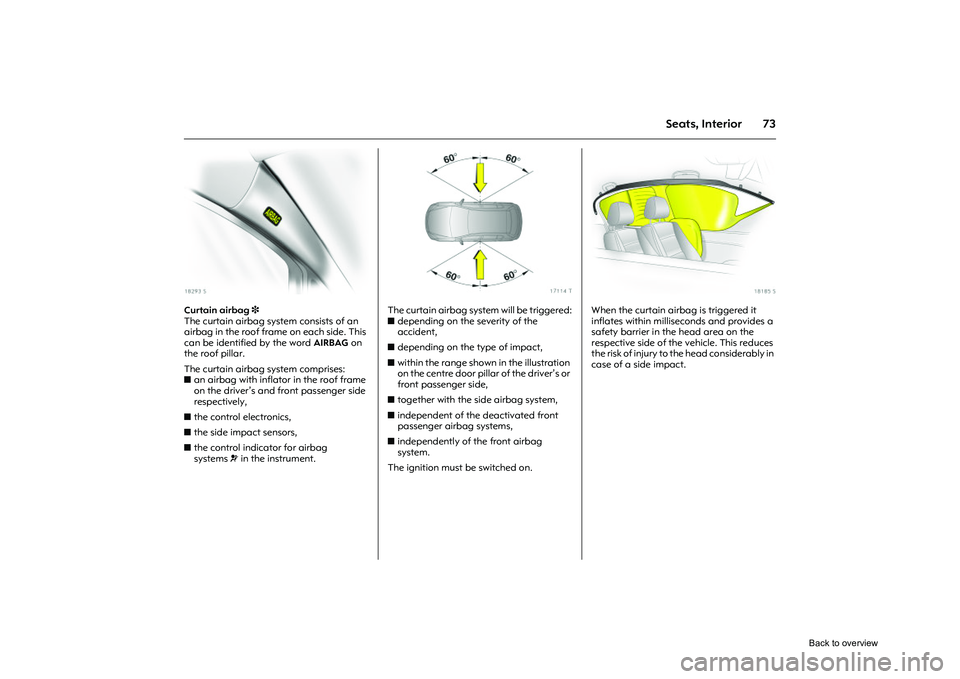 OPEL CORSA 2009 Manual PDF 73
Seats, Interior
Picture no: 18293s.tif
Curtain airbag 3
The curtain airbag system consists of an
airbag in the roof fram e on each side. This
can be identified by the word AIRBAG on
the roof p OPEL CORSA 2009 Manual PDF 73
Seats, Interior
Picture no: 18293s.tif
Curtain airbag 3
The curtain airbag system consists of an
airbag in the roof fram e on each side. This
can be identified by the word AIRBAG on
the roof p