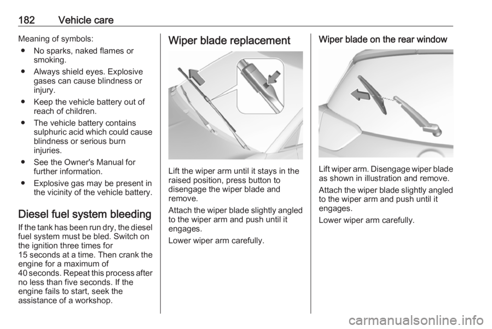 OPEL CROSSLAND X 2017 Owners Manual 182Vehicle careMeaning of symbols:● No sparks, naked flames or smoking.
● Always shield eyes. Explosive gases can cause blindness or
injury.
● Keep the vehicle battery out of reach of children.
OPEL CROSSLAND X 2017 Owners Manual 182Vehicle careMeaning of symbols:● No sparks, naked flames or smoking.
● Always shield eyes. Explosive gases can cause blindness or
injury.
● Keep the vehicle battery out of reach of children.
