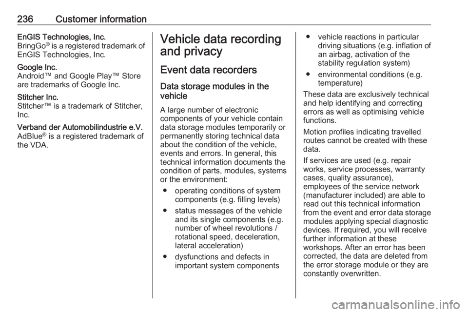 OPEL CROSSLAND X 2017  Owners Manual 236Customer informationEnGIS Technologies, Inc.
BringGo ®
 is a registered trademark of
EnGIS Technologies, Inc.Google Inc.
Android™ and Google Play™ Store
are trademarks of Google Inc.Stitcher I