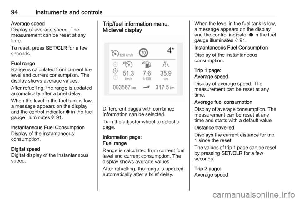 OPEL CROSSLAND X 2017  Owners Manual 94Instruments and controlsAverage speed
Display of average speed. The
measurement can be reset at any
time.
To reset, press  SET/CLR for a few
seconds.
Fuel range
Range is calculated from current fuel
