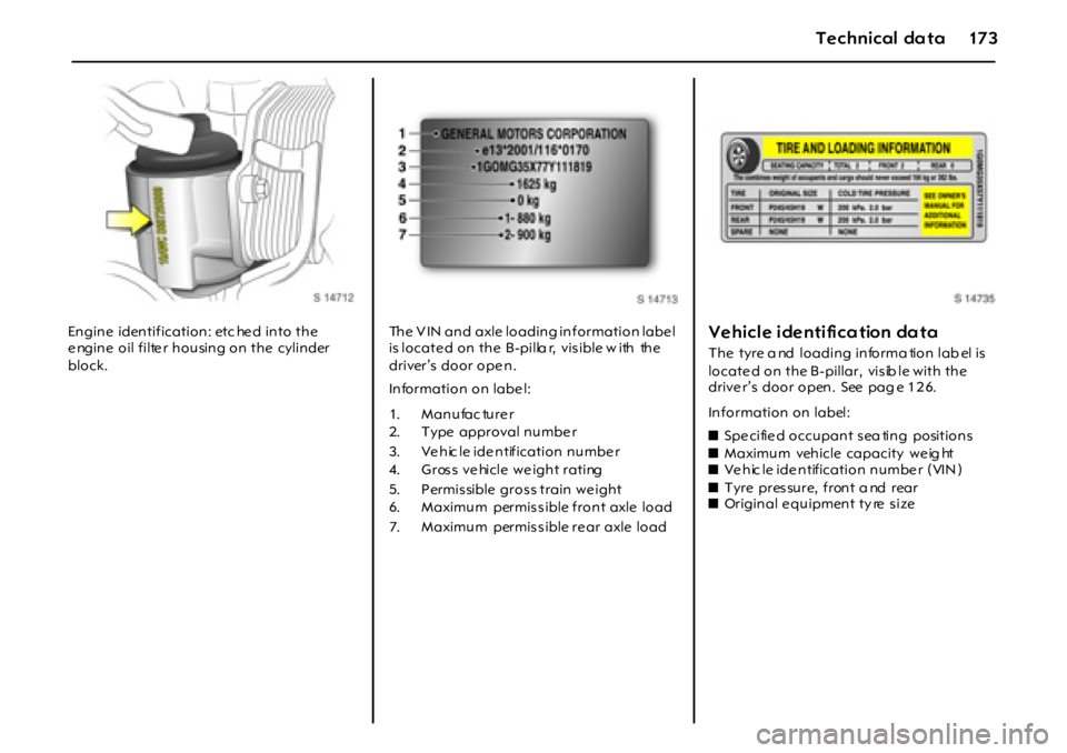 OPEL GT 2011  Owners Manual Technical da ta17 3
Engine  identification: etc he d into the 
e ngine  oil filte r housing on the  cylinder 
block.The  V IN and axle loading information labe l 
is locate d on the  B-pilla r,  vis i