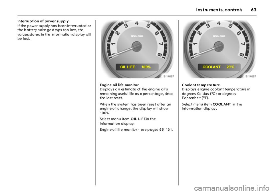OPEL GT 2011 Repair Manual 63Instru men ts, c ontrols
Inte rrup tion of powe r suppl y
If the  power supply  has  bee n interrupted or 
the b attery  volta ge d rops too low,  the  
value s store d in the  information dis play 