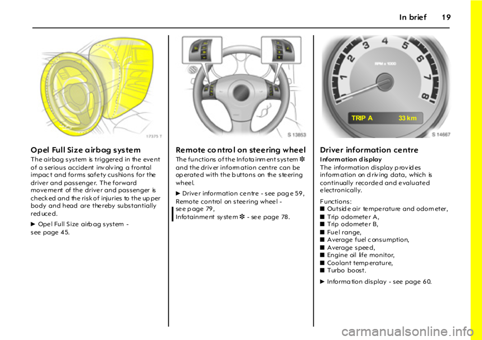 OPEL GT 2012 User Guide In brief19
Opel Full Size airbag system
The airbag s ys tem is triggere d in the eve nt
of a s erious accide nt inv olv ing a frontal
impac t and forms safe ty cushions for the
drive r and OPEL GT 2012 User Guide In brief19
Opel Full Size airbag system
The airbag s ys tem is triggere d in the eve nt
of a s erious accide nt inv olv ing a frontal
impac t and forms safe ty cushions for the
drive r and