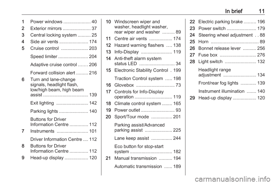 OPEL INSIGNIA 2019  Owners Manual In brief111Power windows .....................40
2 Exterior mirrors .....................37
3 Central locking system ..........25
4 Side air vents ...................... 174
5 Cruise control  ........