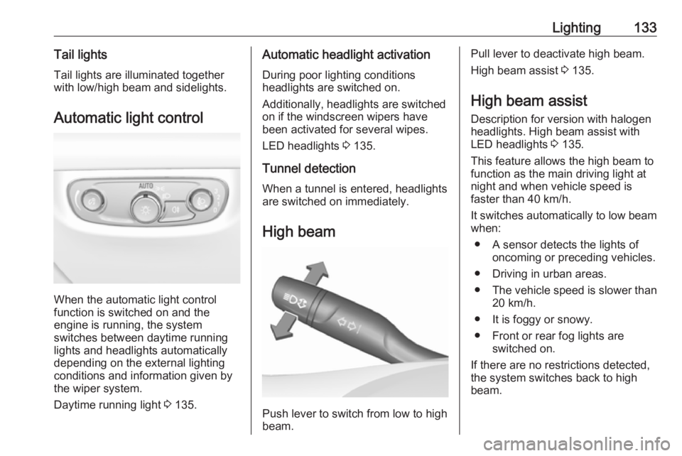 OPEL INSIGNIA 2019  Owners Manual Lighting133Tail lightsTail lights are illuminated together
with low/high beam and sidelights.
Automatic light control
When the automatic light control
function is switched on and the
engine is running