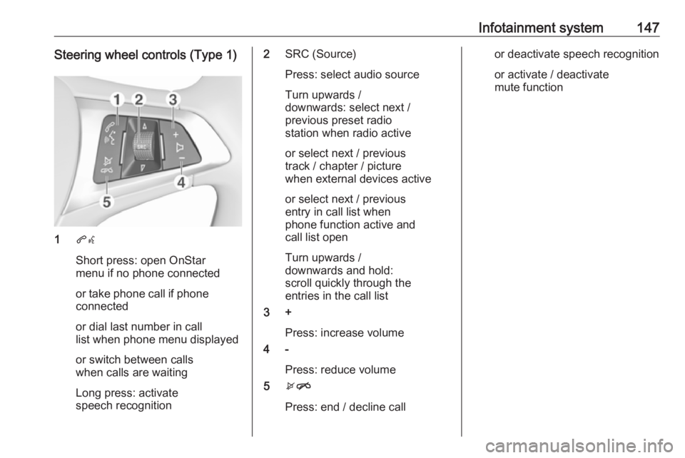OPEL INSIGNIA 2019 Owners Manual Infotainment system147Steering wheel controls (Type 1)
1qw
Short press: open OnStar
menu if no phone connected
or take phone call if phone connected
or dial last number in call
list when phone menu di OPEL INSIGNIA 2019 Owners Manual Infotainment system147Steering wheel controls (Type 1)
1qw
Short press: open OnStar
menu if no phone connected
or take phone call if phone connected
or dial last number in call
list when phone menu di